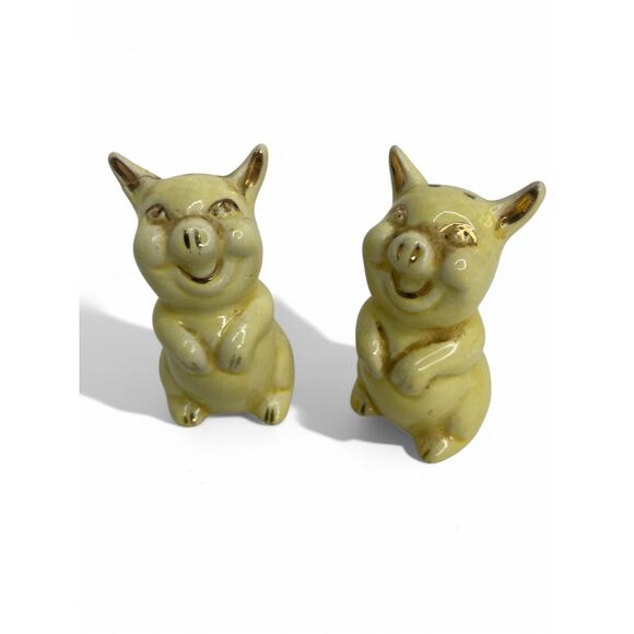 Pig Salt‎ and Pepper Shakers VTg Yellow Gold Mid Century 3" High - Picture 3 of 5